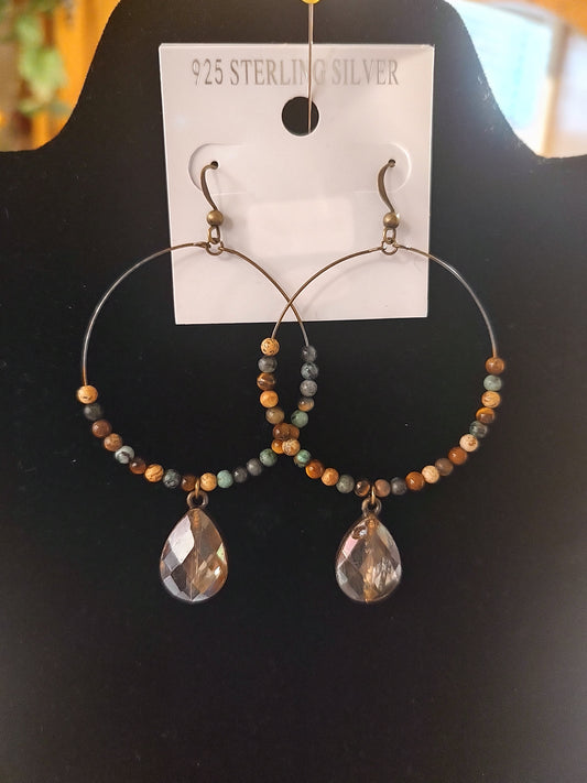 Beaded Stone Earrings with Bronze Tear Drop